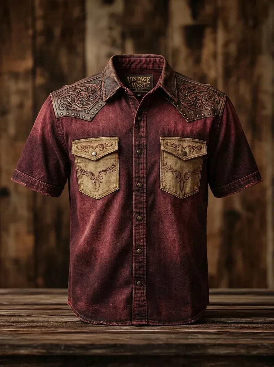 Men's Western Cowboy Tooled Leather Pattern Printed Shirt
