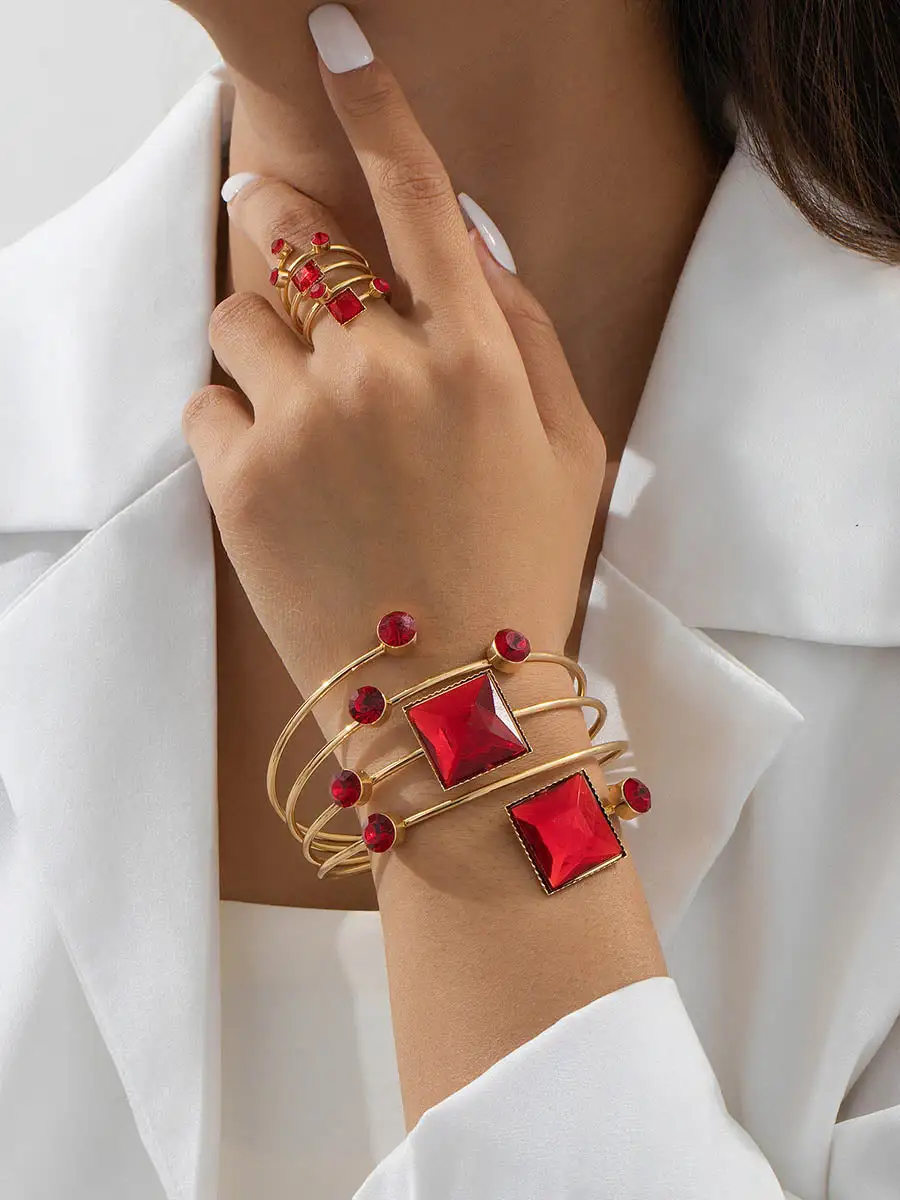 Asymmetric Geometric Rhinestone Polished Bracelet And Bracelet And Ring Set