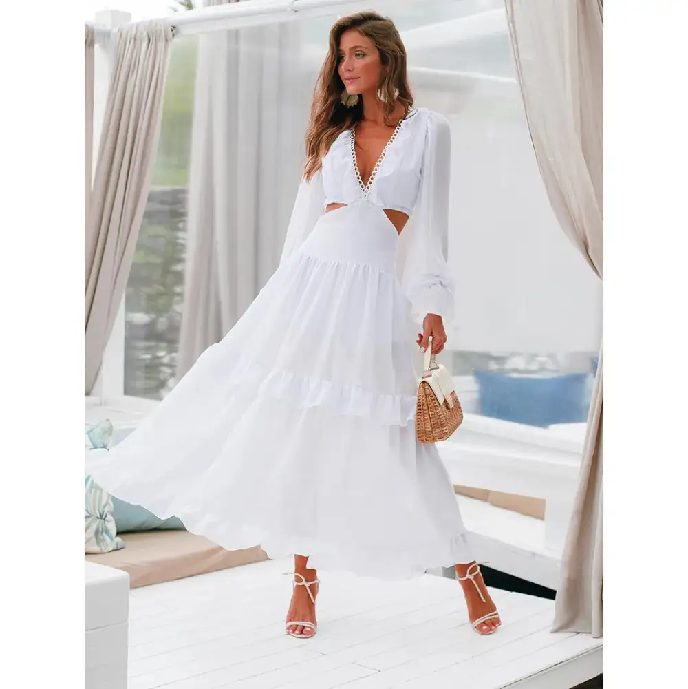 Sardinian Summer White Ruffle Cut Out Waist Maxi Dress