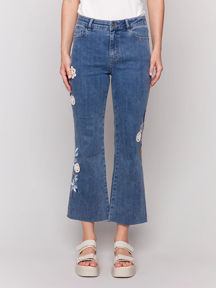 Cropped Embroidered Soft Flared Trousers