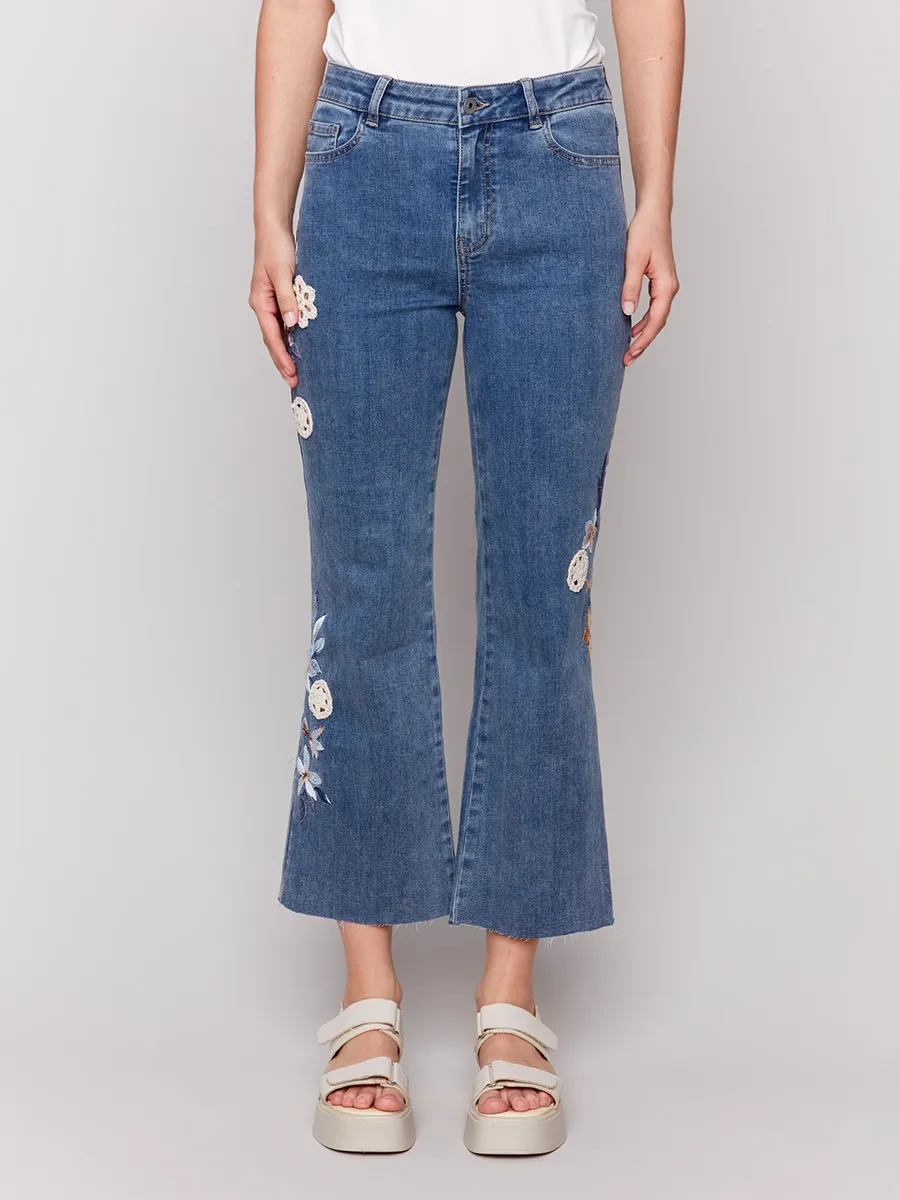 Cropped Embroidered Soft Flared Trousers