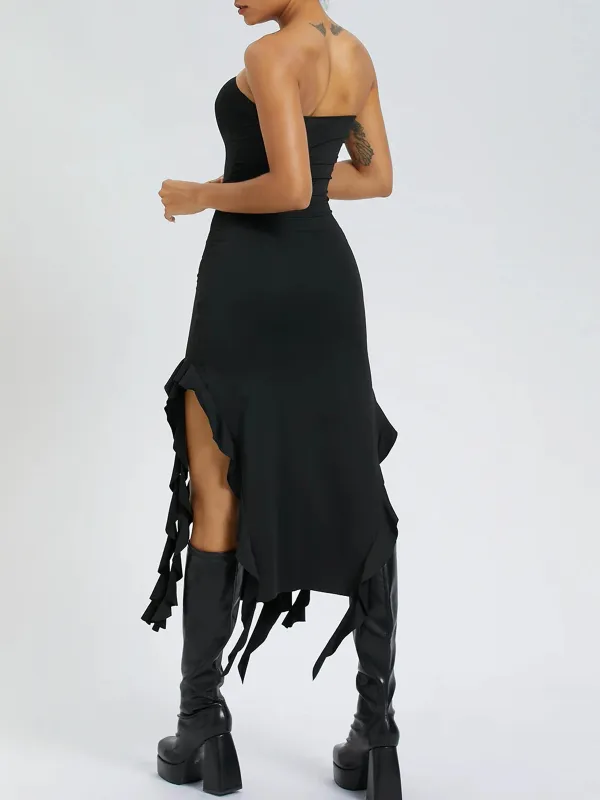 Y2K Black Ruffles Tube Dress Midi Dress