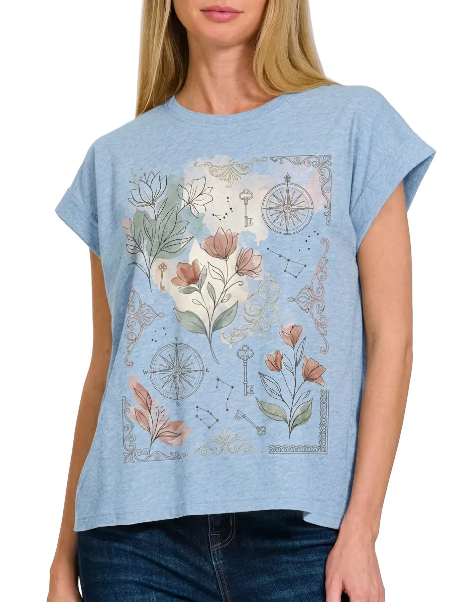 Women's Vintage Botanical Compass Key Constellation Printed T-shirt