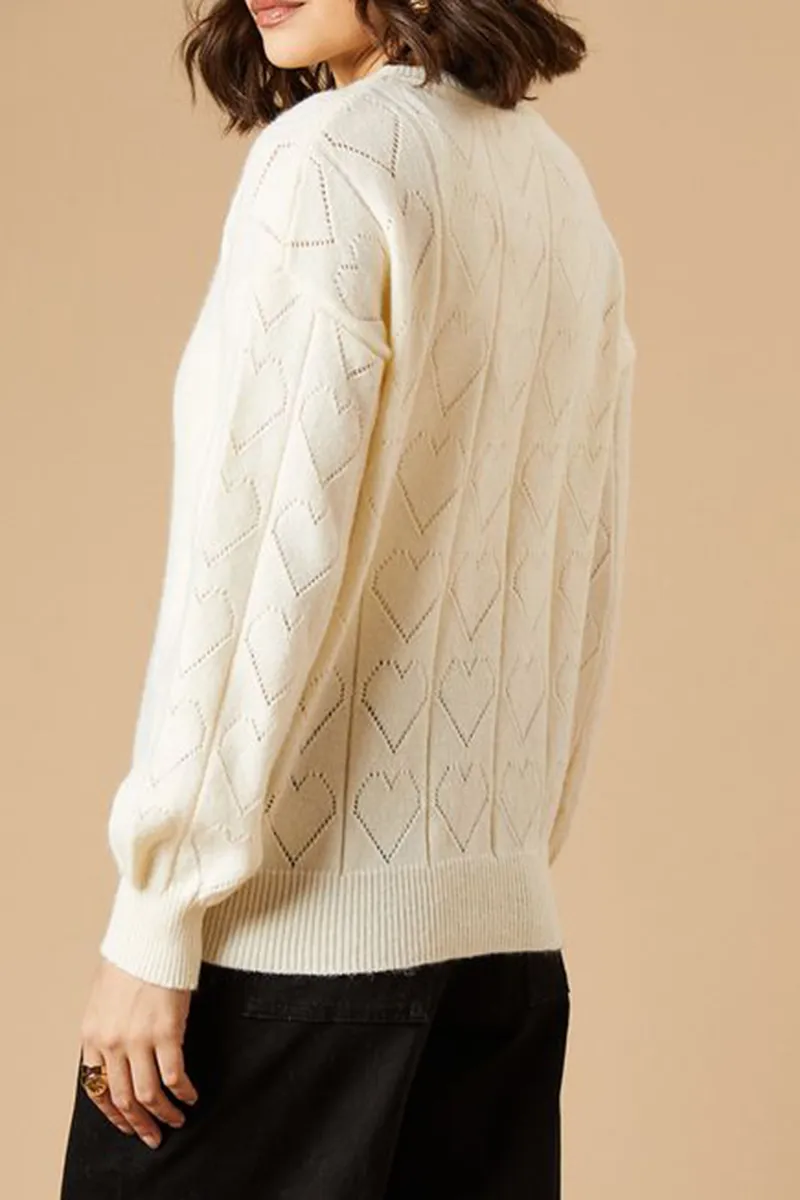 Casual Style Heart Pointelle Crew Neck Sweaters