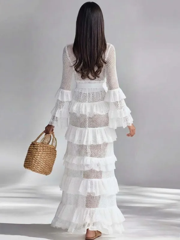Bohemian Sheer Lace Ruffle Maxi Dress