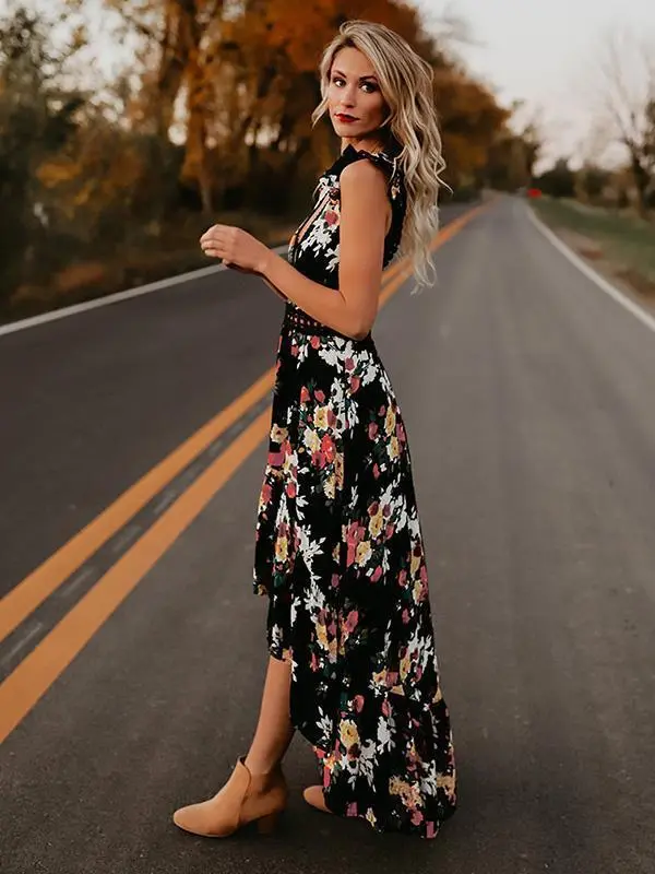 Bohemian Blossom Floral Open Back Boho Maxi Dress