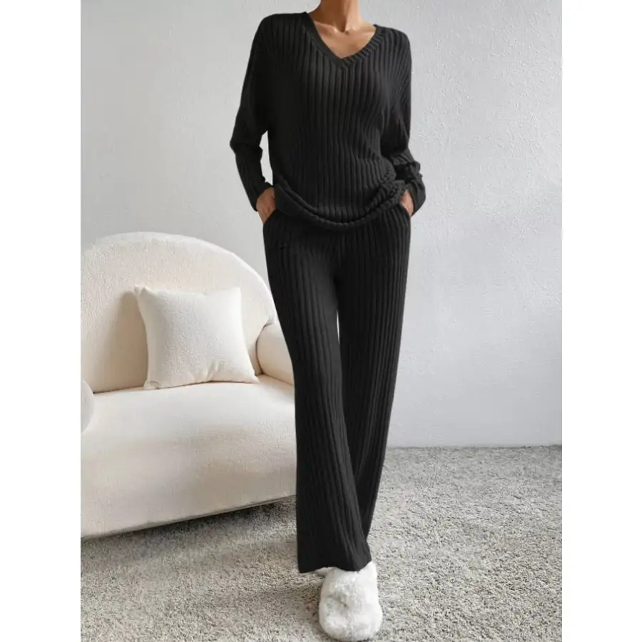 Ribbed Knit Long Sleeve Top and Pants Set