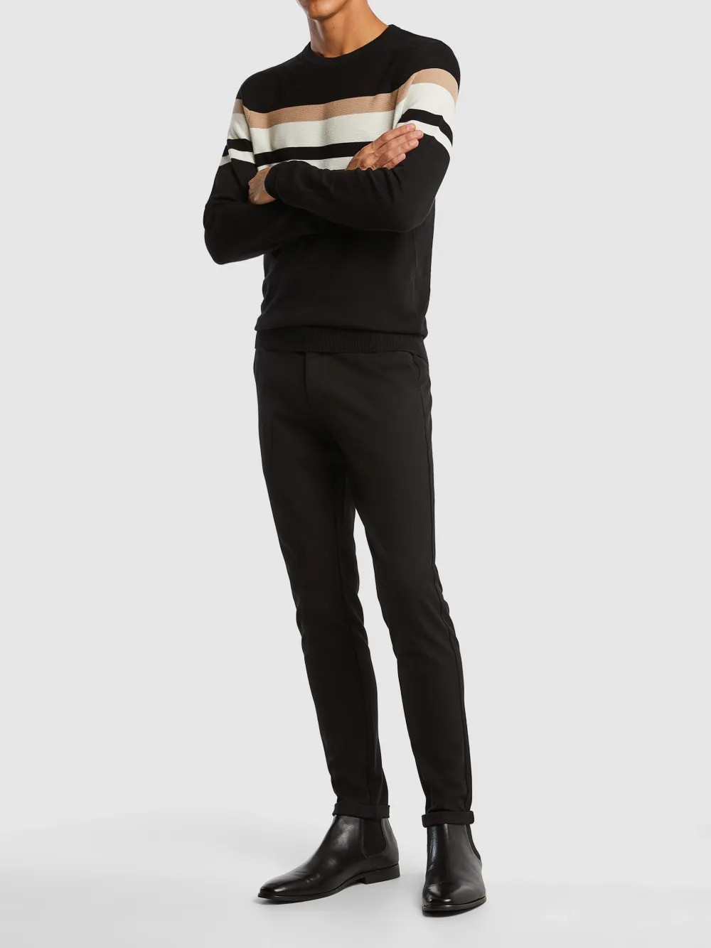 Black Striped Crew Neck Knit Sweater