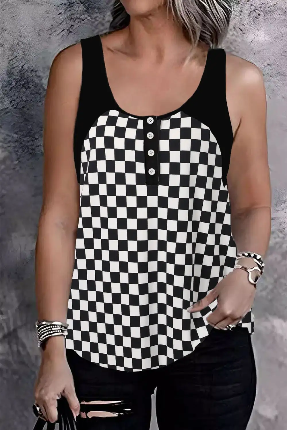 Plaid Patchwork Buttoned U Neck Tank Top