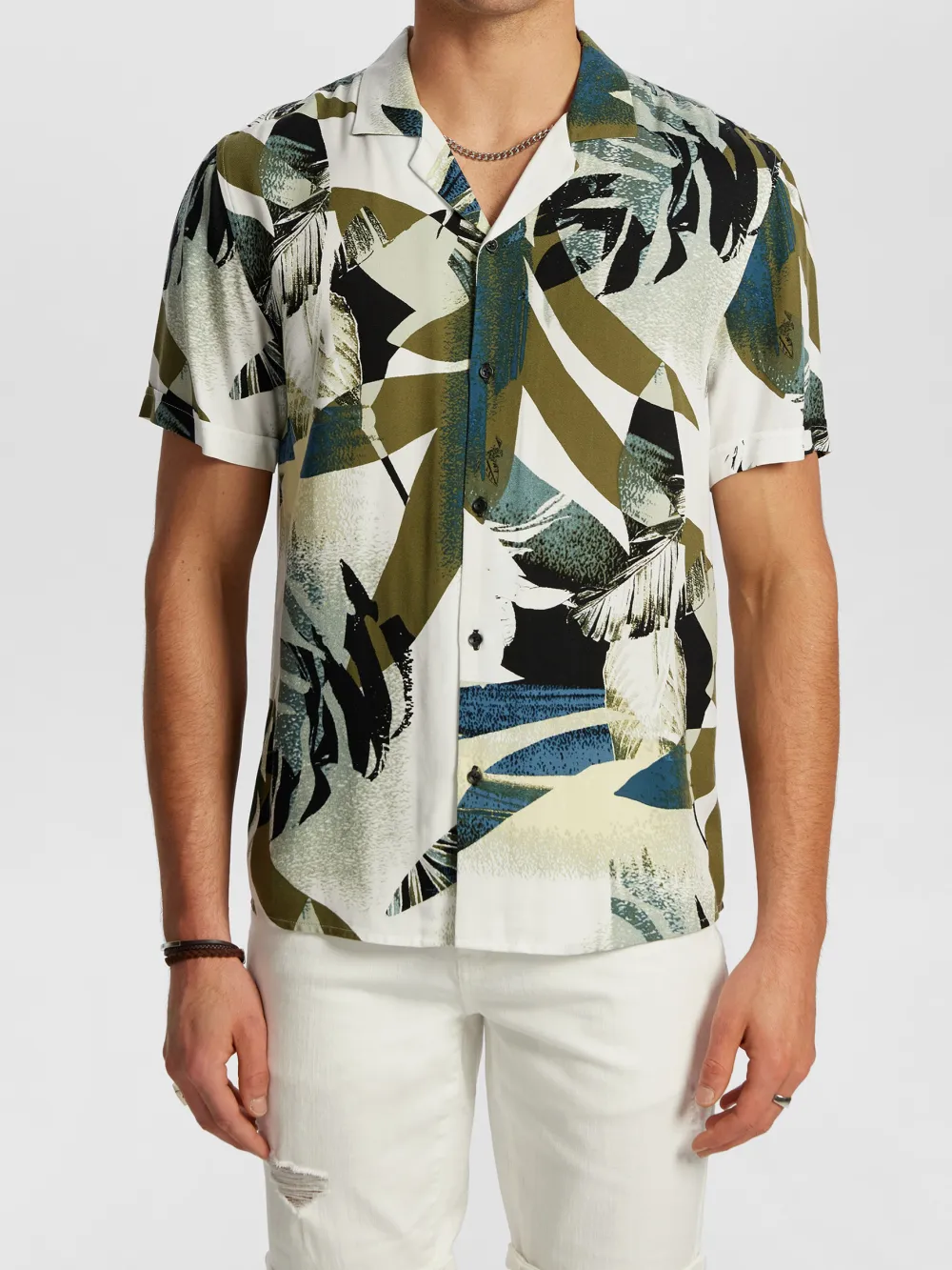 Multicolor Tropical Print Viscose Short Sleeve Shirt