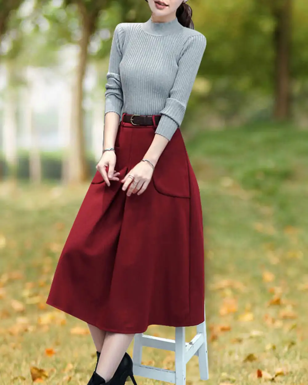 Soft Pleated Wool A Line Maxi Skirt