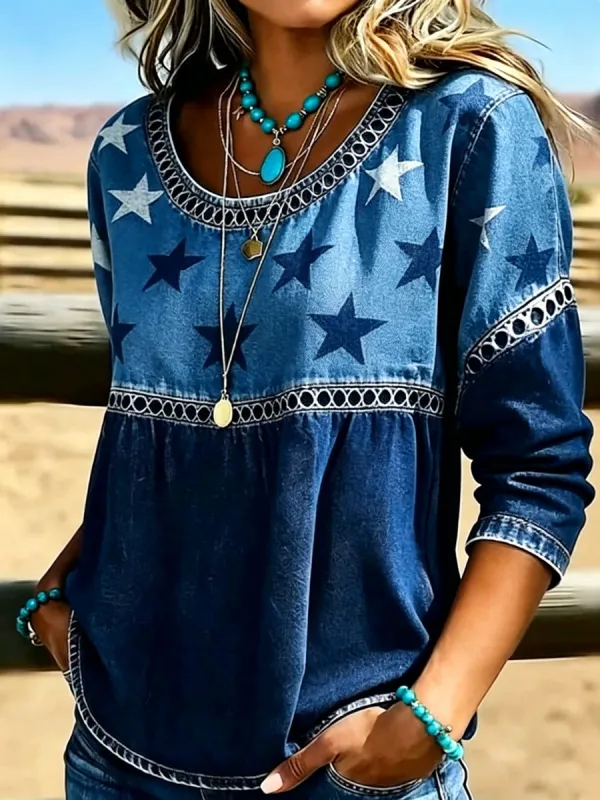 Women's Casual Round-Neck Printed Cotton-Linen Top