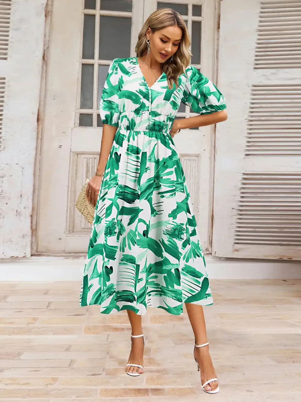 Boho Chic  Ruched Printed Surplice Short Sleeve Dress