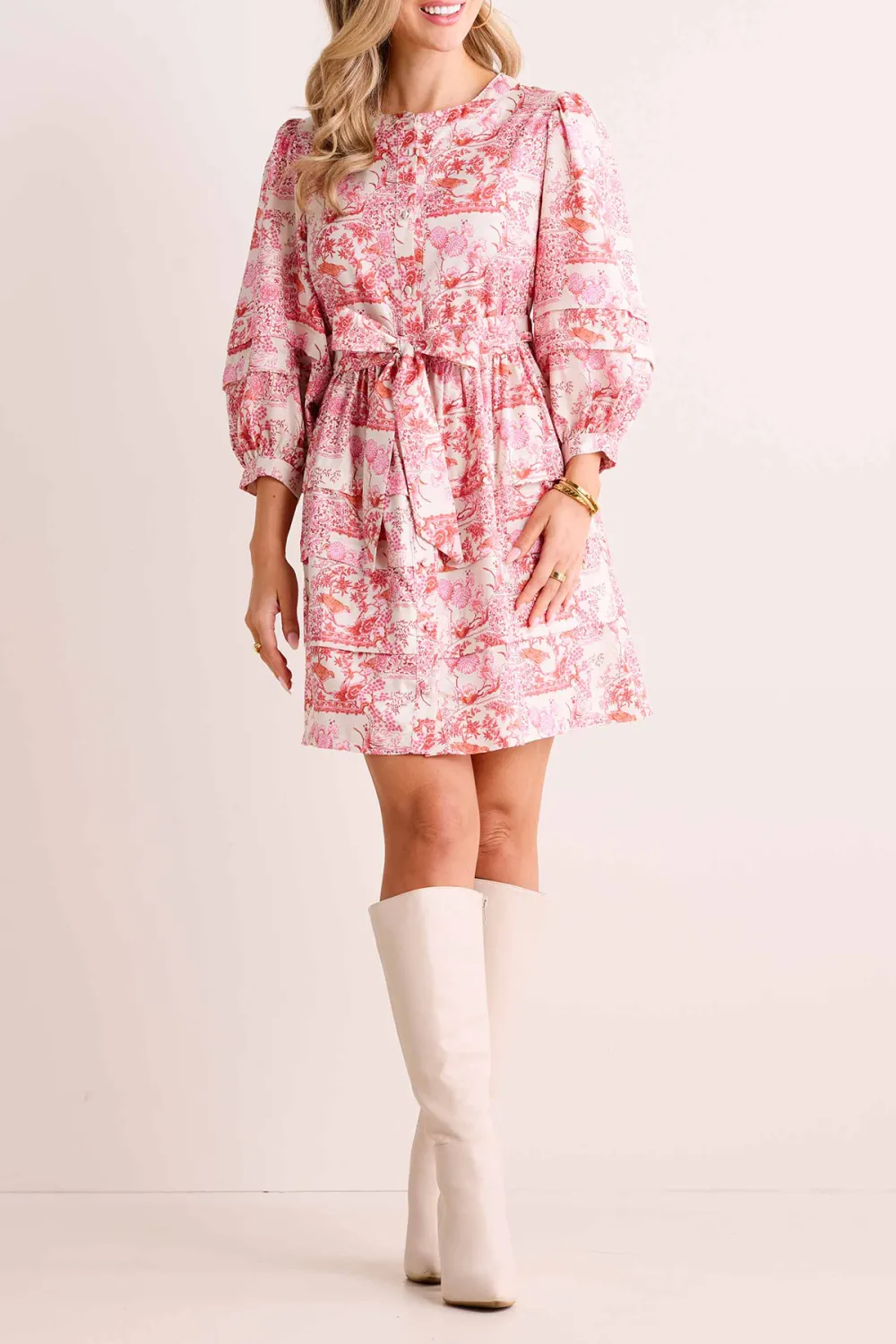 Pink Floral Print Puff Sleeve Tie-Waist Dress
