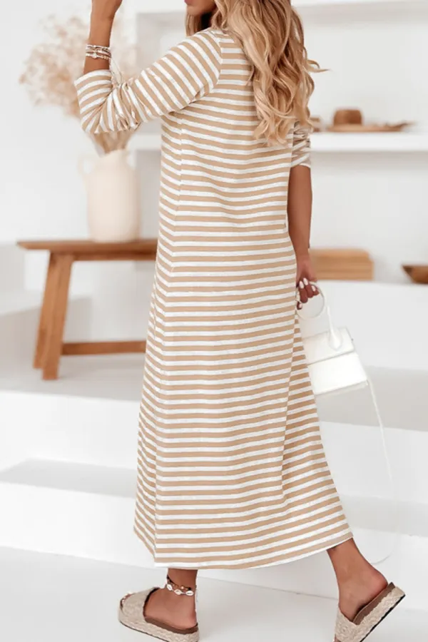 Khaki Striped V-neck Long Sleeve Casual Dress