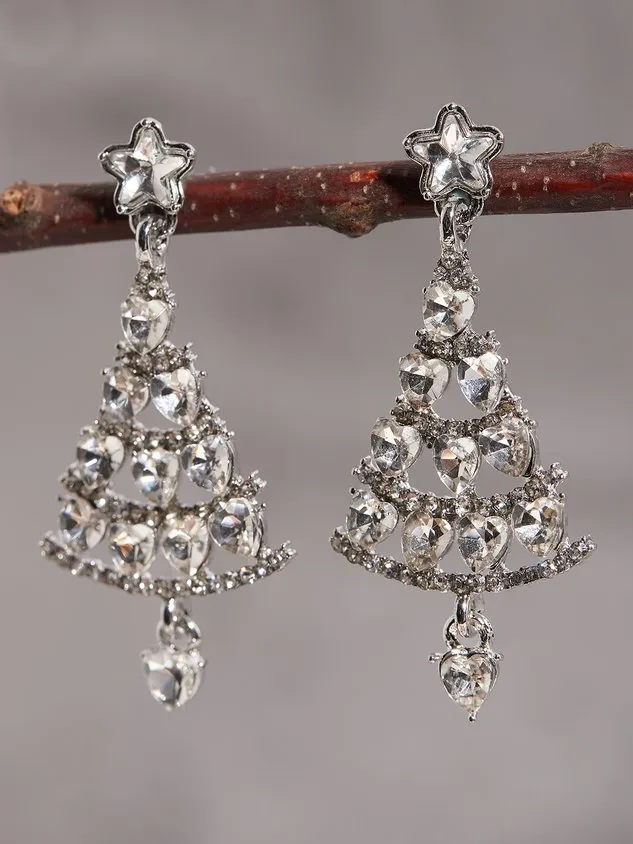 Banquet Party Silver Diamond Heart Earrings Christmas Tree Pattern Jewelry