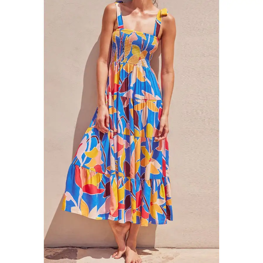 Floral Tie Shoulder Smocked Tiered Dress
