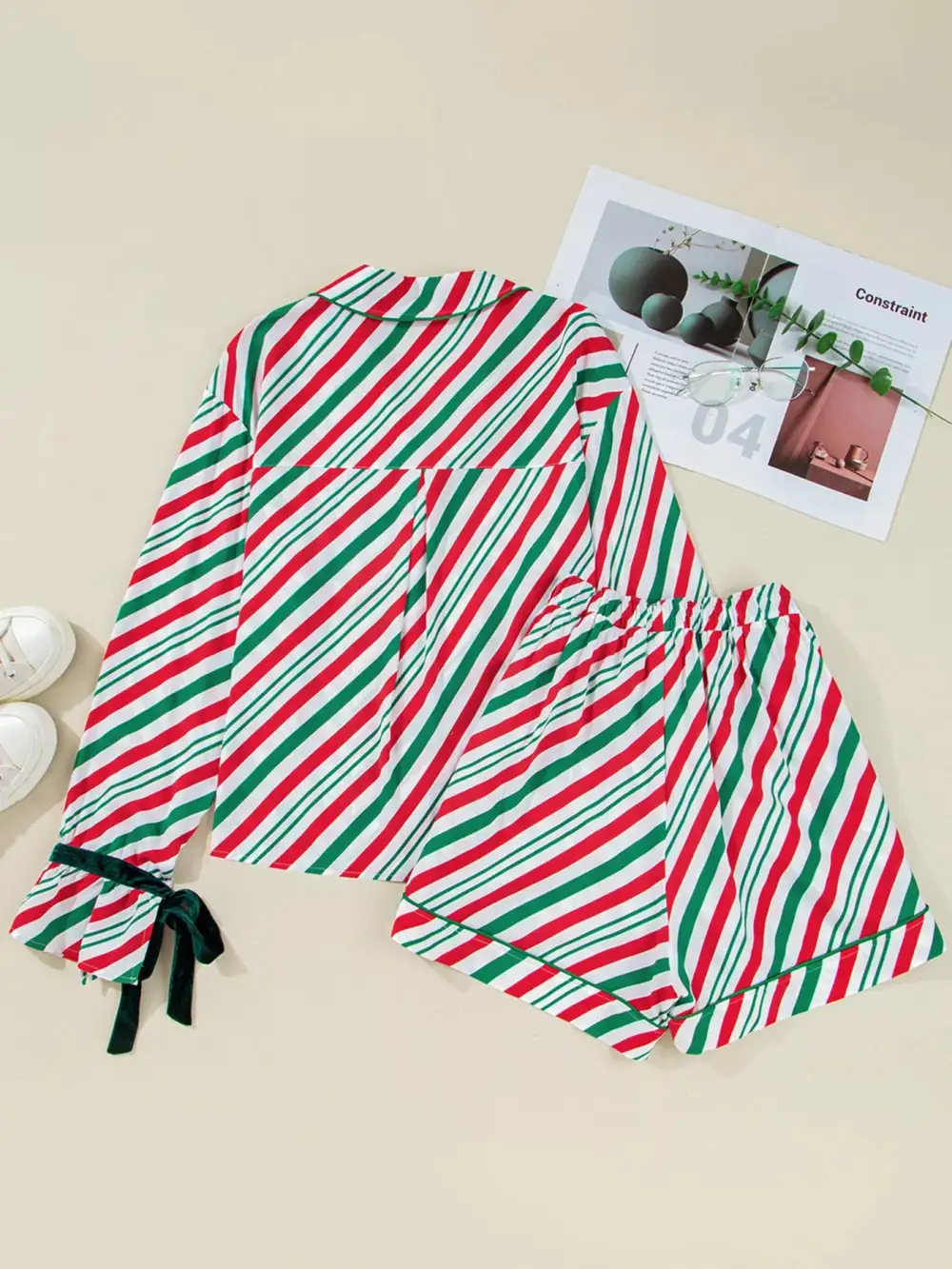 Stripe Contrast Velvet Ribbon Knot Christmas Pcs Pajama Set