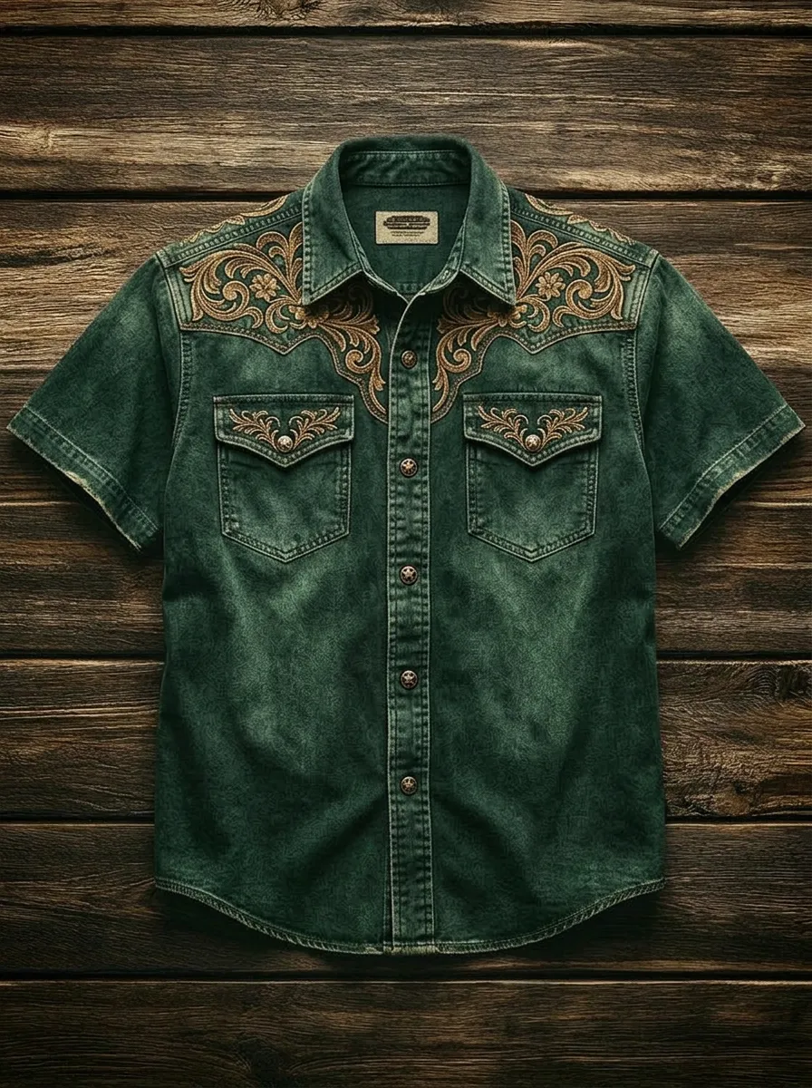 Men's Western Floral Embroidery Printed Denim Shirt