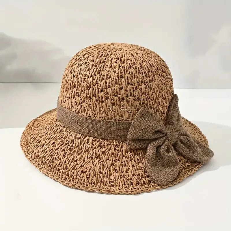 Women's Foldable Wide-Brim Straw Sun Hat – Hand-Knitted Cotton-Linen Blend with Bow Detail (Summer Style)