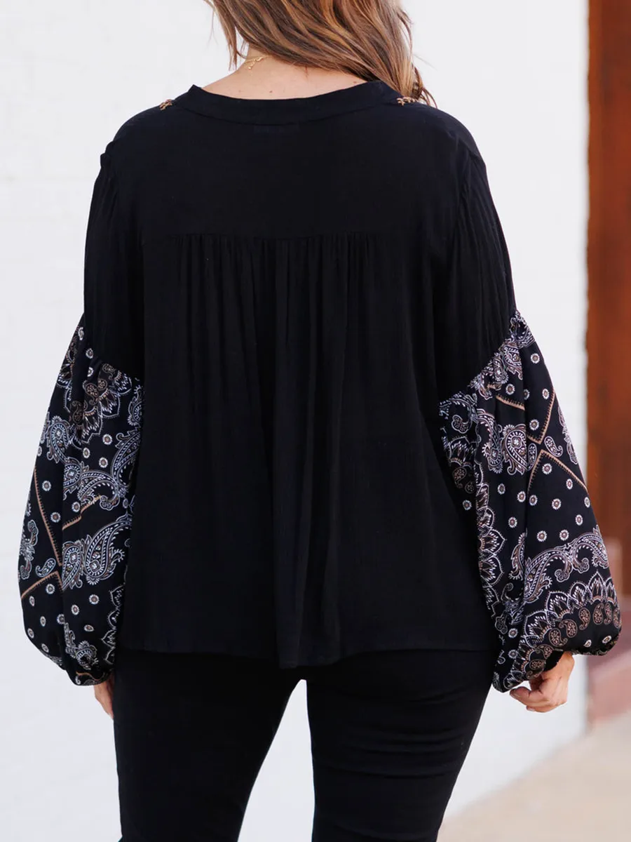 Embroidered lace up lantern sleeve shirt with patchwork cashew pattern