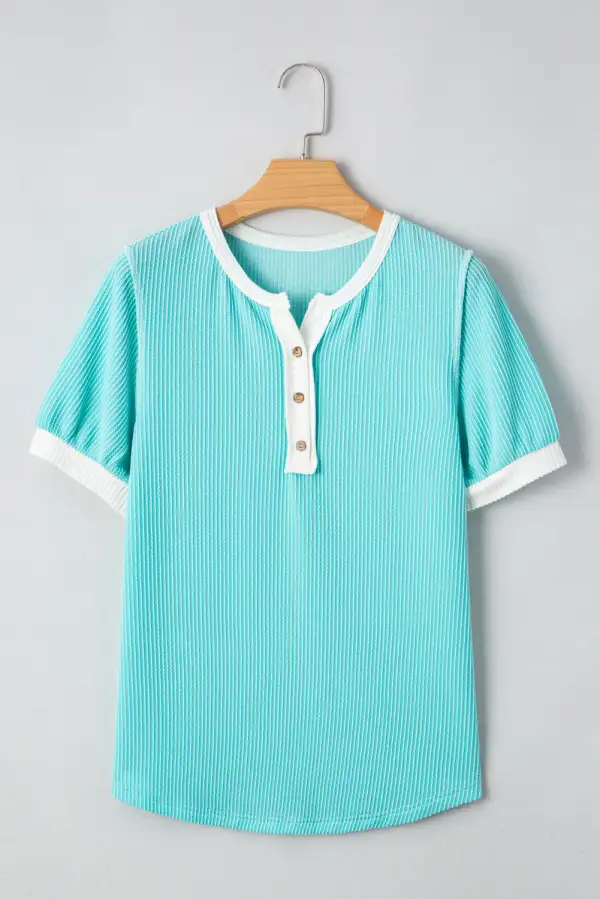 Turquoise Corded Colorblock Buttons Tee