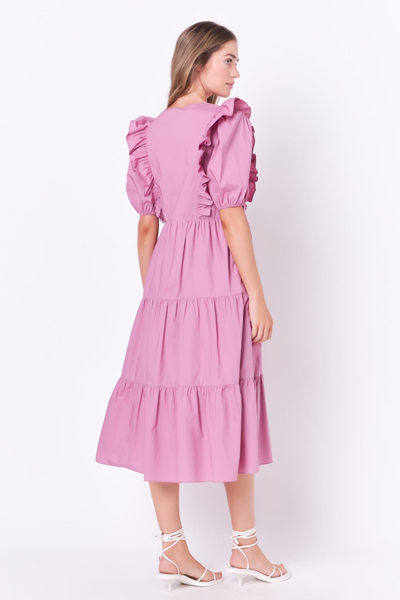 Ruffle Detail Puff Sleeve Midi Dress