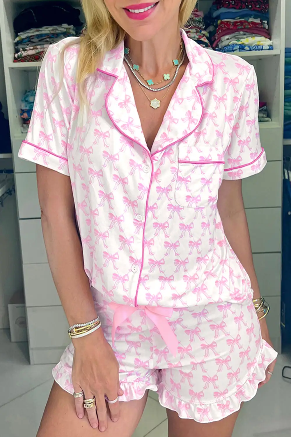 Bow Detail Bowknot Pajama Set