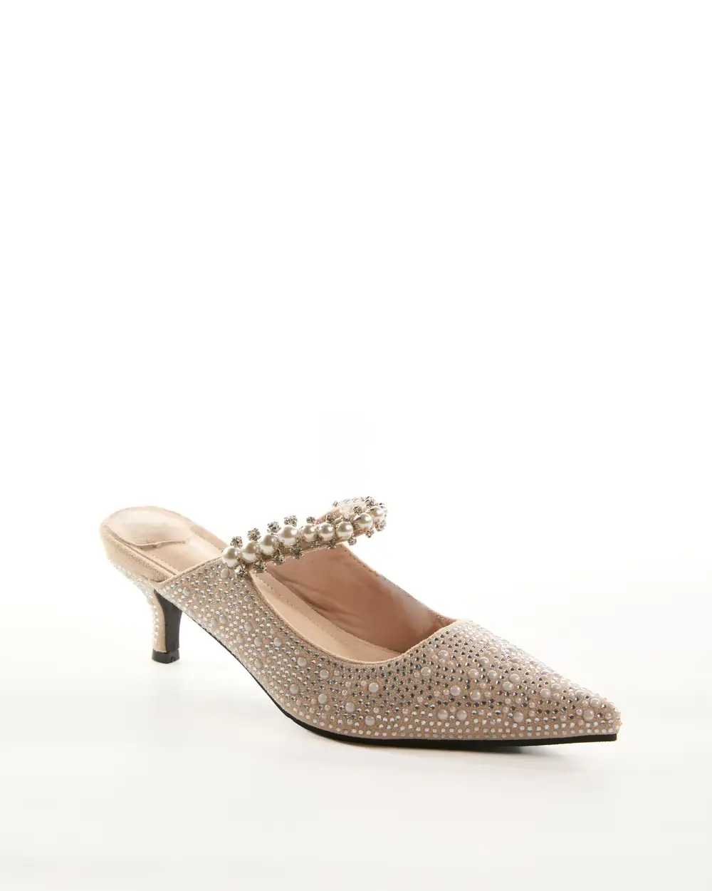 Rhinestone Strap Pearl Embellished Mules in Beige
