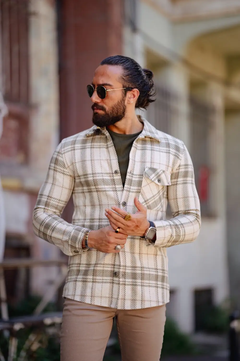 Bojoni Matera Slim Fit Cream  Striped Lumberjack Shirt