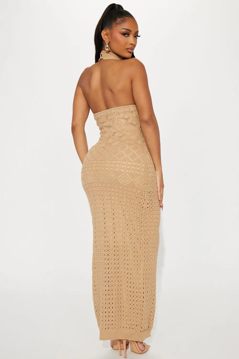Resort Paradise Halter Crochet Maxi Dress - Taupe