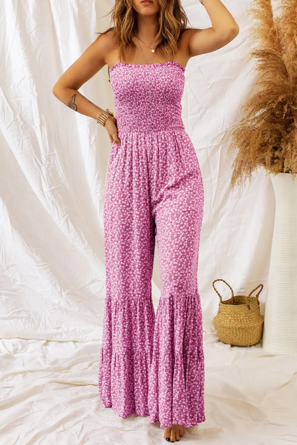 Relaxed Thin Straps Smocked Bodice Wide Leg Floral Jumpsuit