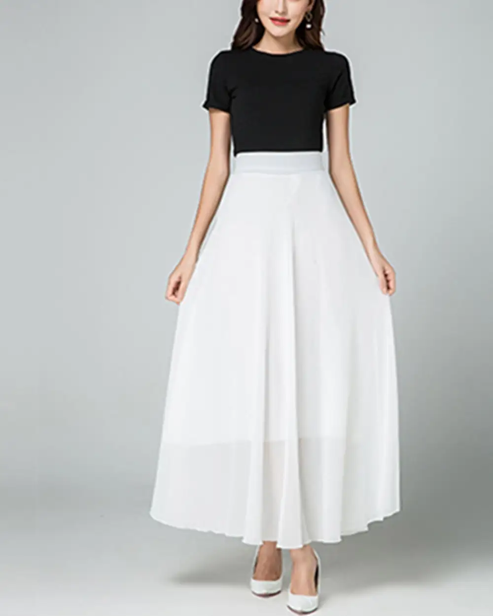 Lightweight Elastic Waist Chiffon A Line Maxi Skirt
