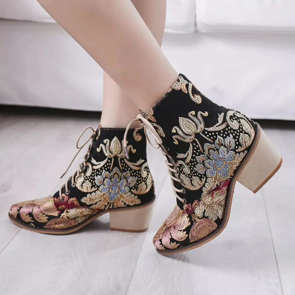 Embroidered Lace-Up Ankle Boots