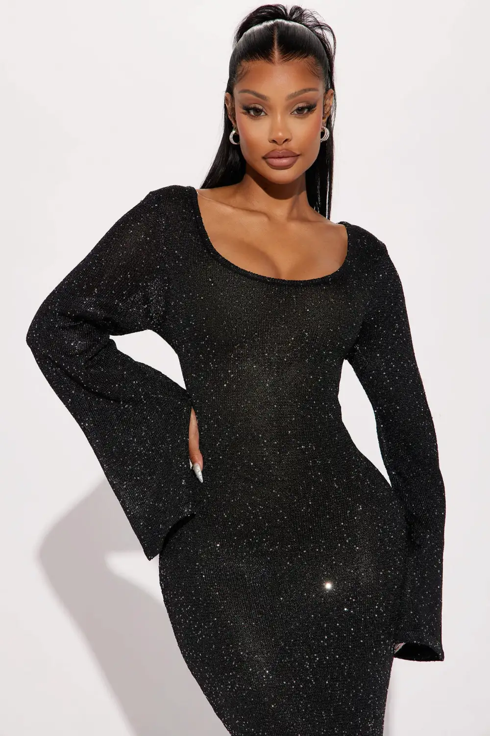 Cherri Sequin Sweater Maxi Dress - Black