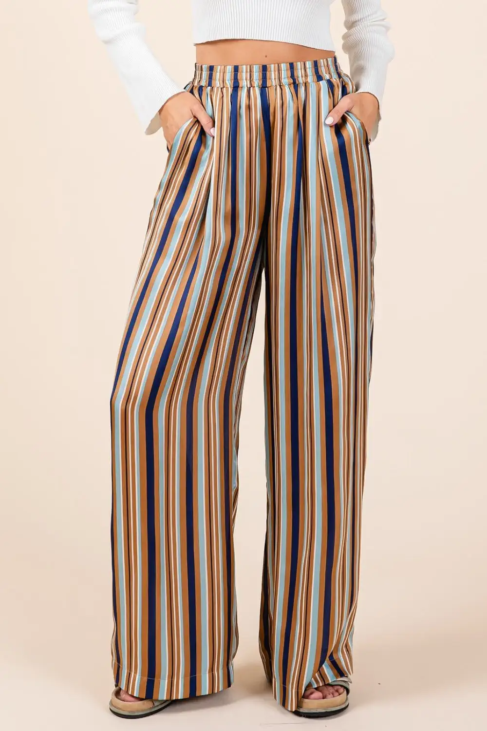 Mittoshop Striped Satin Elastic Waist Wide Leg Pants