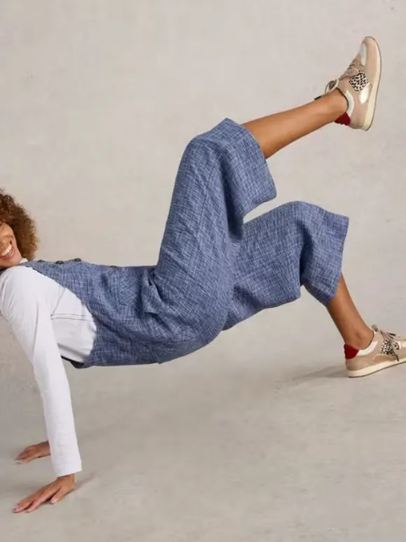 Linen Dungaree In Chambray Blue