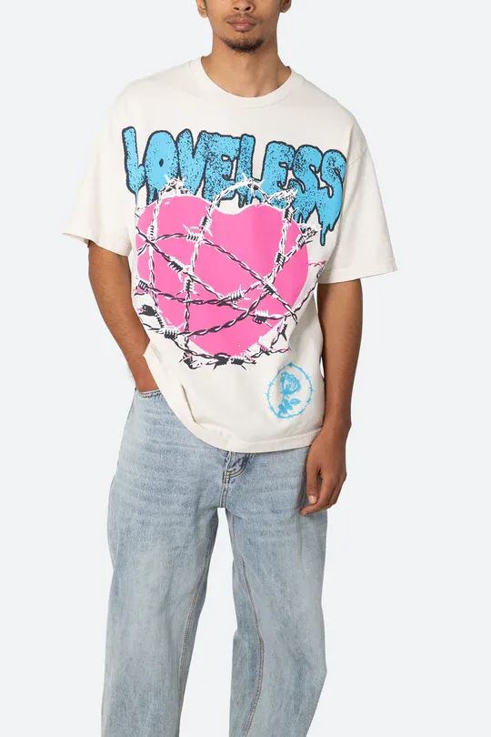 WHITE LOVELESS HEART BARBED WIRE T-SHIRT