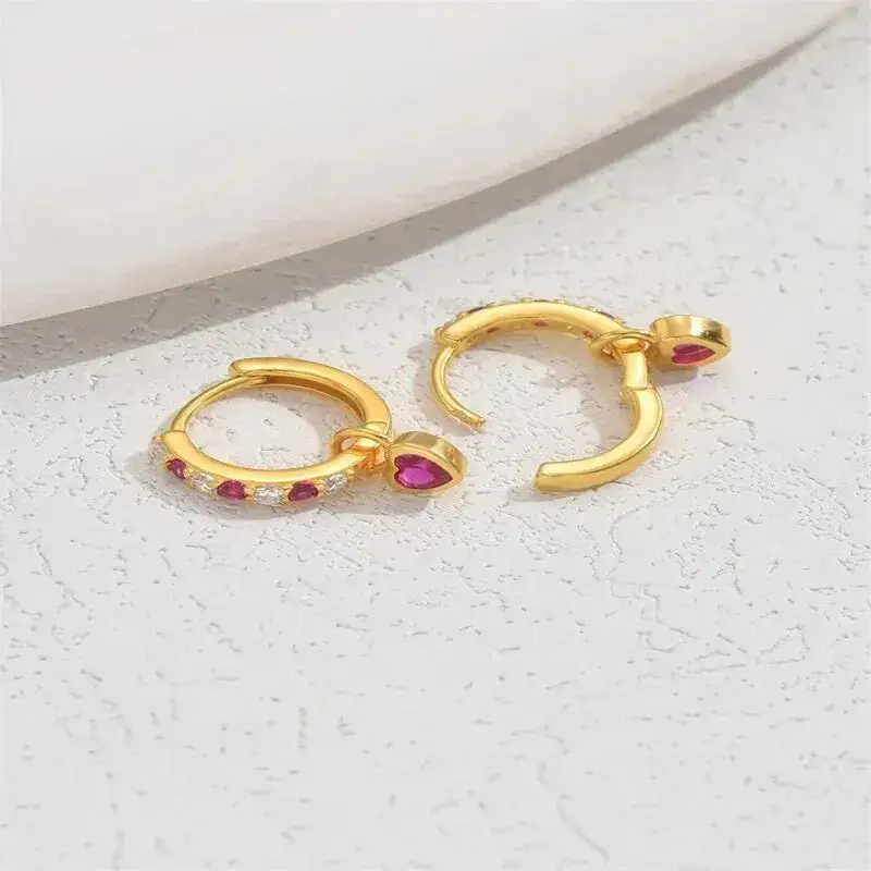 Small Drop Earrings Sweet Red Heart Shape With Cubic Zircon Shiny Gold