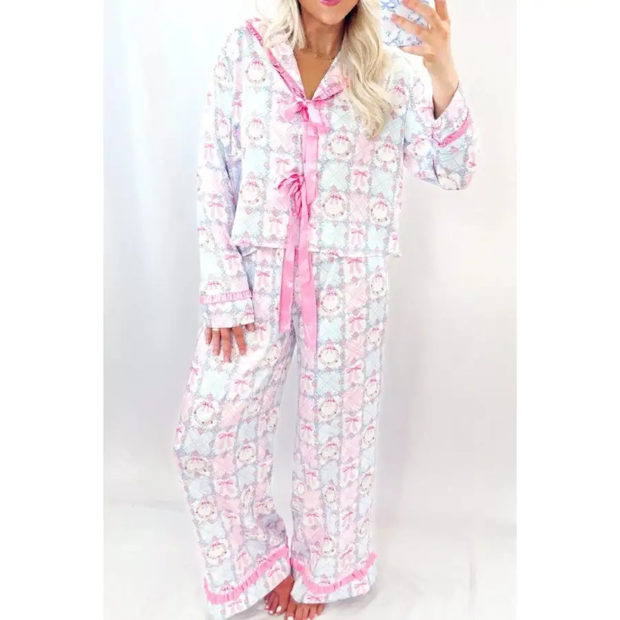 Wreath Pattern Christmas Tied Front Long Sleeve Pcs Pajama Set