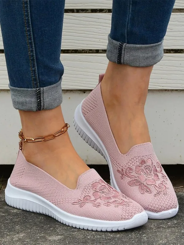 Sports Floral Breathable Slip On Flat Heel Fly Woven Shoes Embroidery