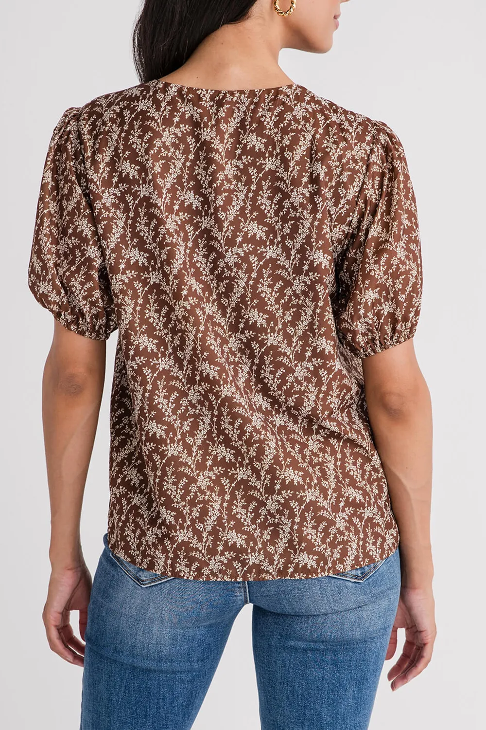 Wishlist Floral Puff Sleeve Blouse - coffee/ivory