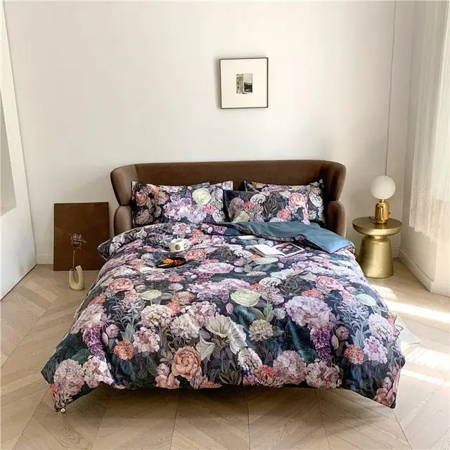 (Store Closing Sale) 6Pcs Luxury Egyptian Cotton Bedding Set Bright Flamingo Leaf Duvet Cover Bed Fitted sheet