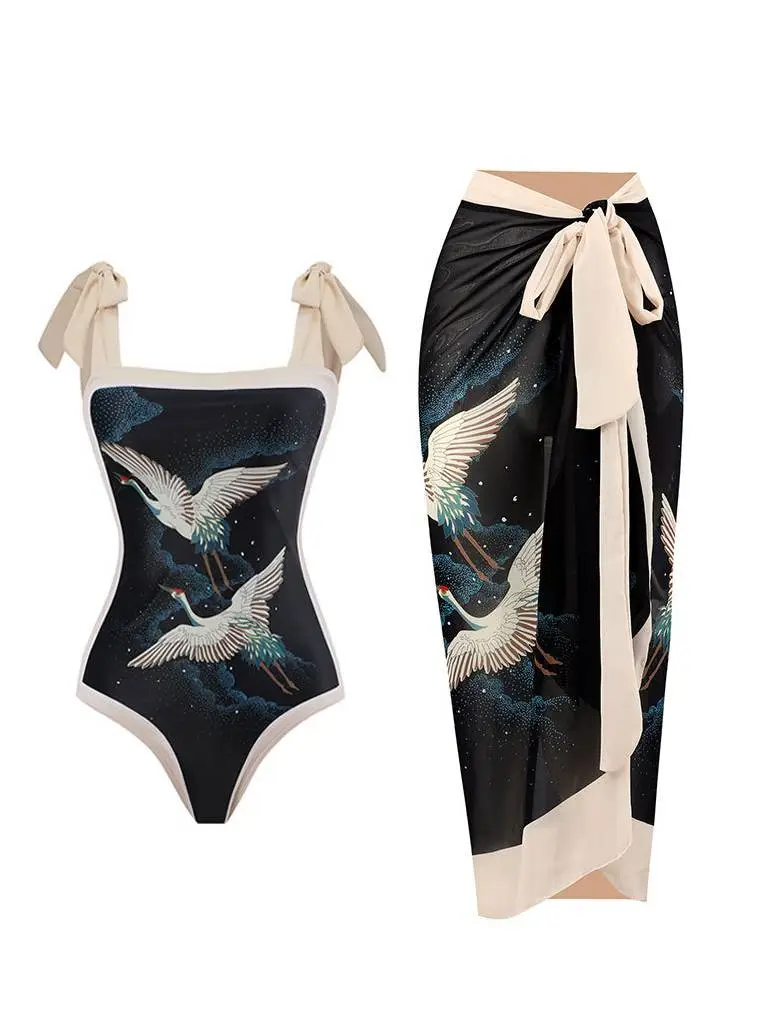 Women’s One-Piece Chiffon Swimsuit Chiffon Skirt Two-Piece Set