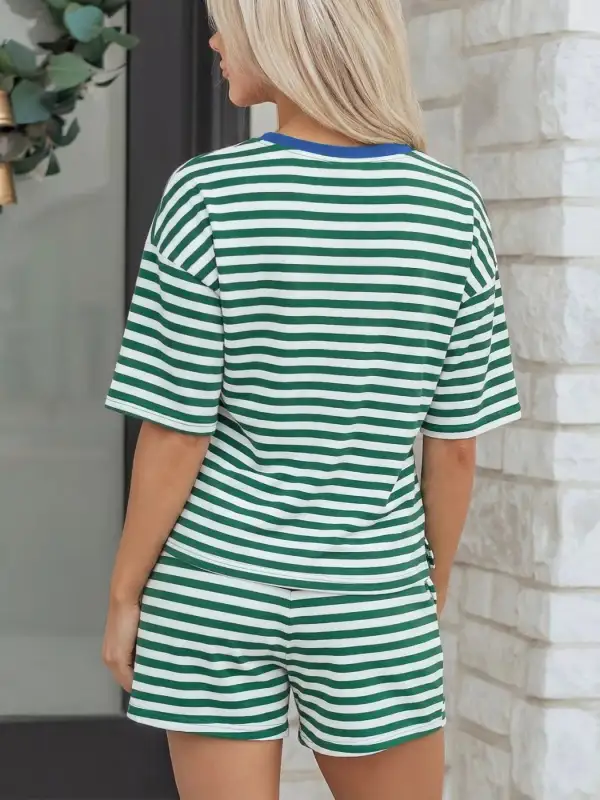 Stripe Boxy Tee and Drawstring Elastic Waist Shorts Set