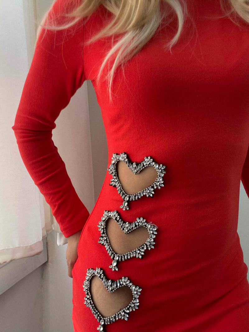 Hollow Heart Rhinestone Slit Bodycon Dress