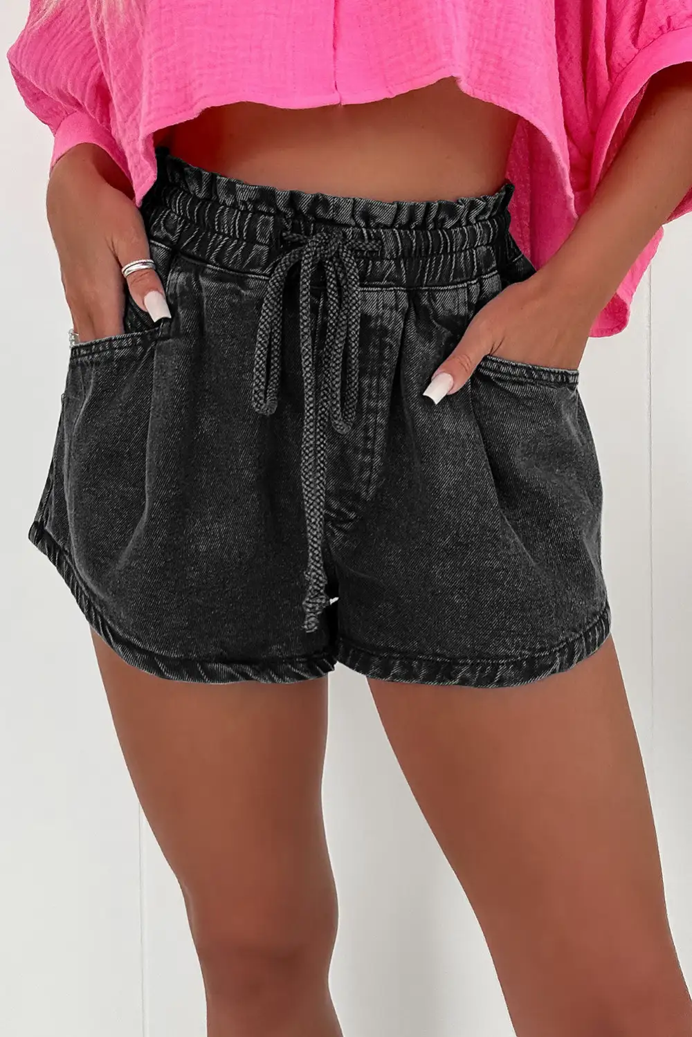 Drawstring High Waist Denim Shorts With Pockets