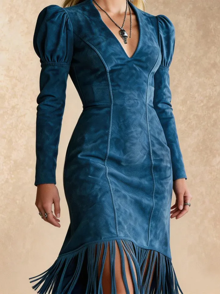 Blue Suede Puff Sleeve V-Neck Tassel Midi Dress