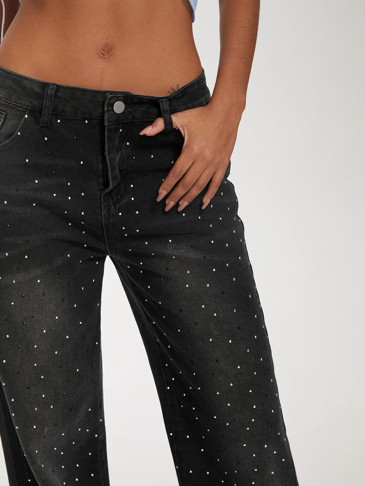 Rhinestone Denim Plain Wide Leg Pants Jeans