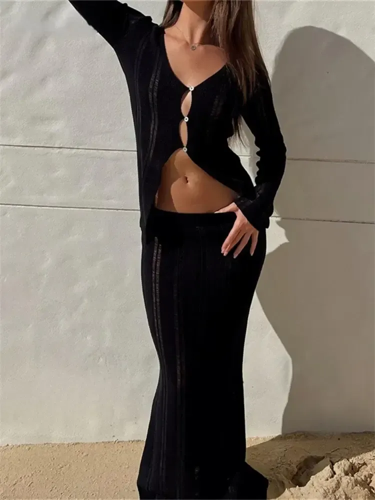 Women's Long-Sleeved T-Shirt and Long Skirt Set